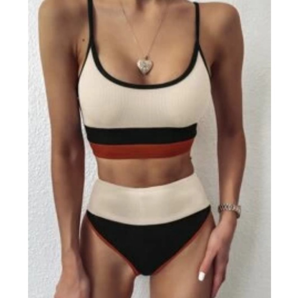 Rib Color Block High Waisted Bikini Swimsuit